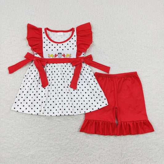 GSSO0454 Baby Girl Short Sleeves Embroidery Crawfish Tunic Red Ruffle Shorts Set