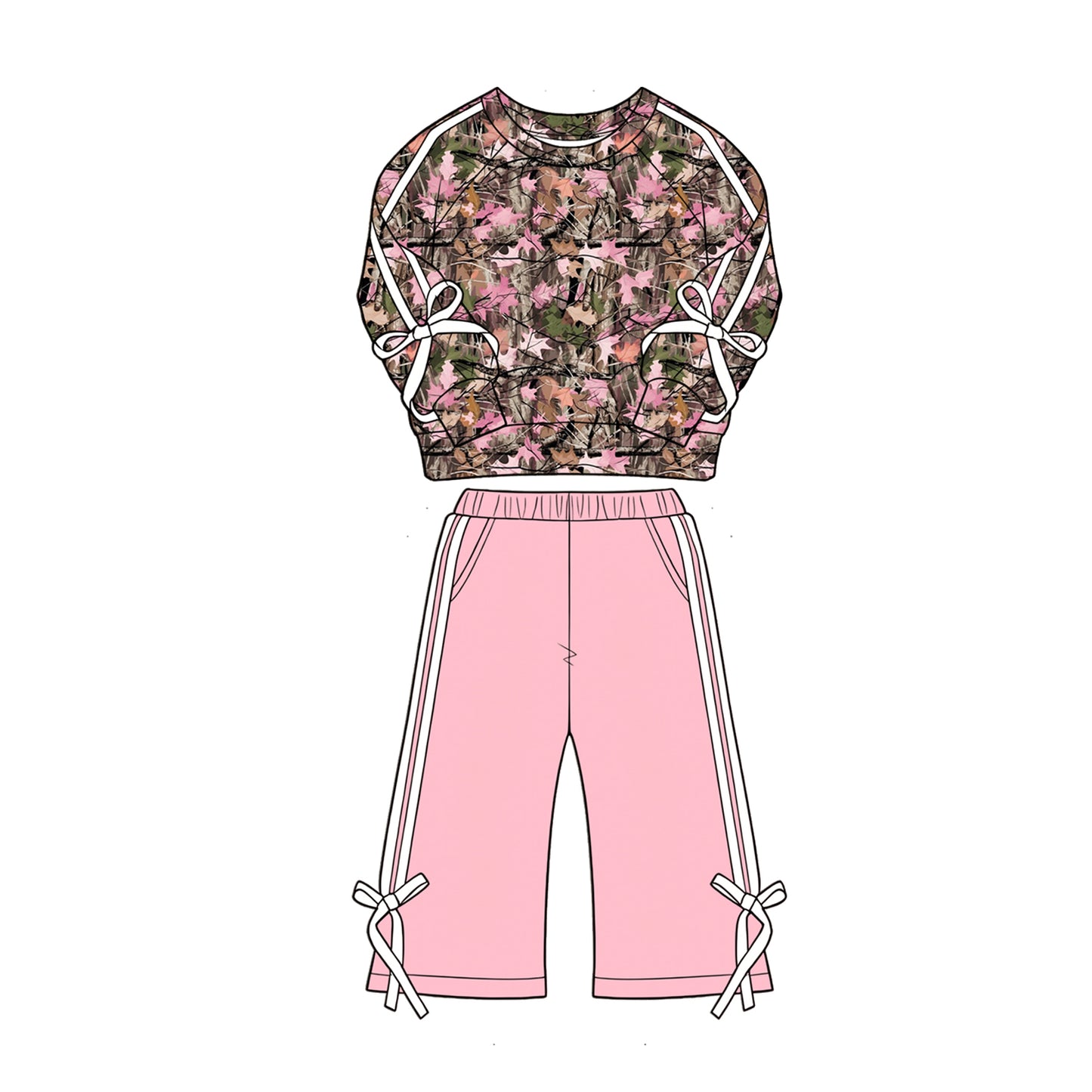 ( Moq 5 ) Preorder Baby Girls Kids Bows Long Sleeves Leaves Shirt Pockets Pink Pants Set Clothes
