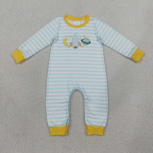 Baby Boys Infant Long Sleeves Blue Stripes Embroidery Romper Clothes RTS