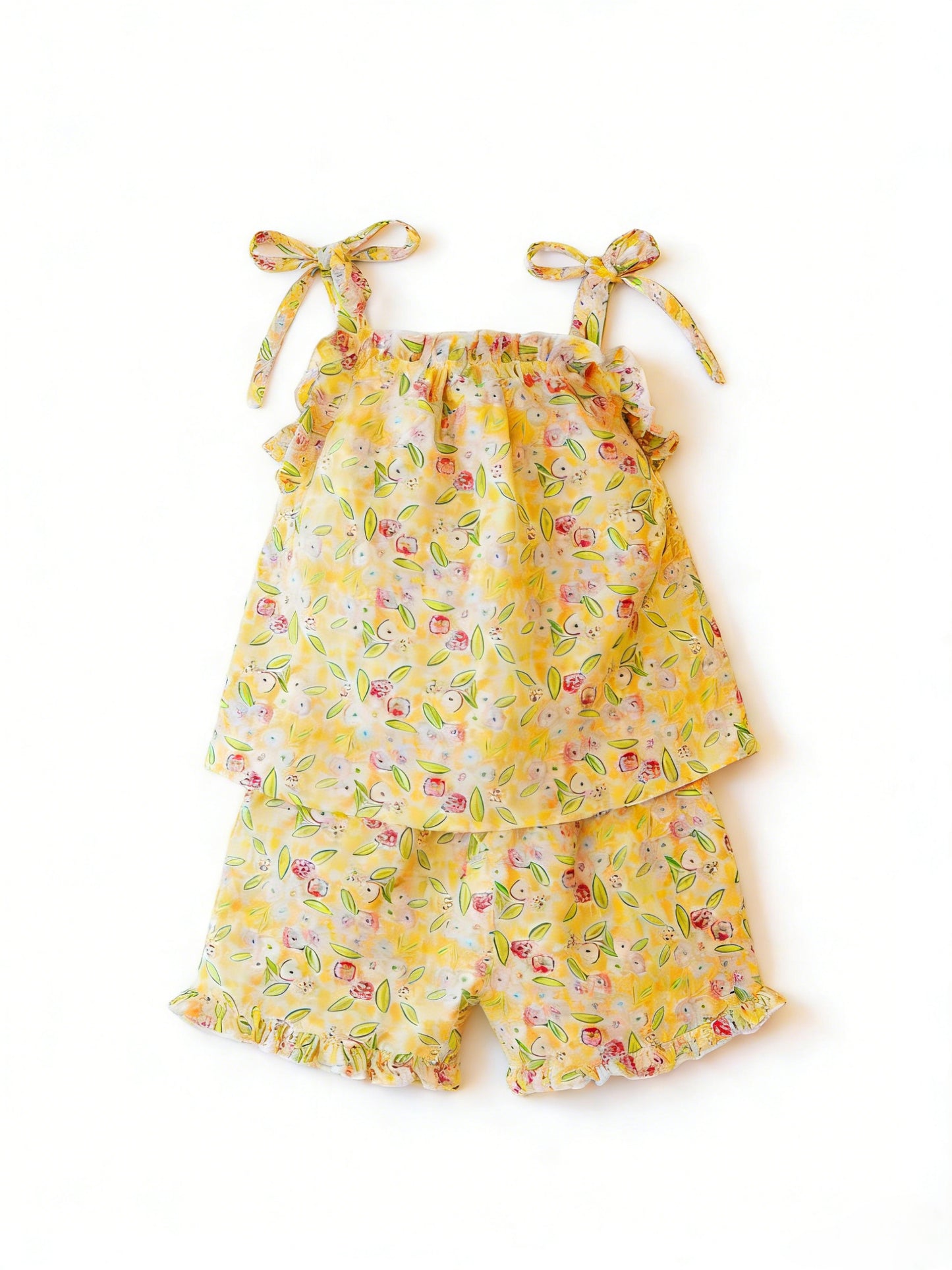 ( Moq 5 ) Preorder Baby Girls Kids Straps Flower Yellow Tunic Shorts Summer Clothes Set