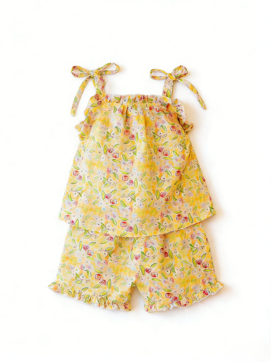 ( Moq 5 ) Preorder Baby Girls Kids Straps Flower Yellow Tunic Shorts Summer Clothes Set