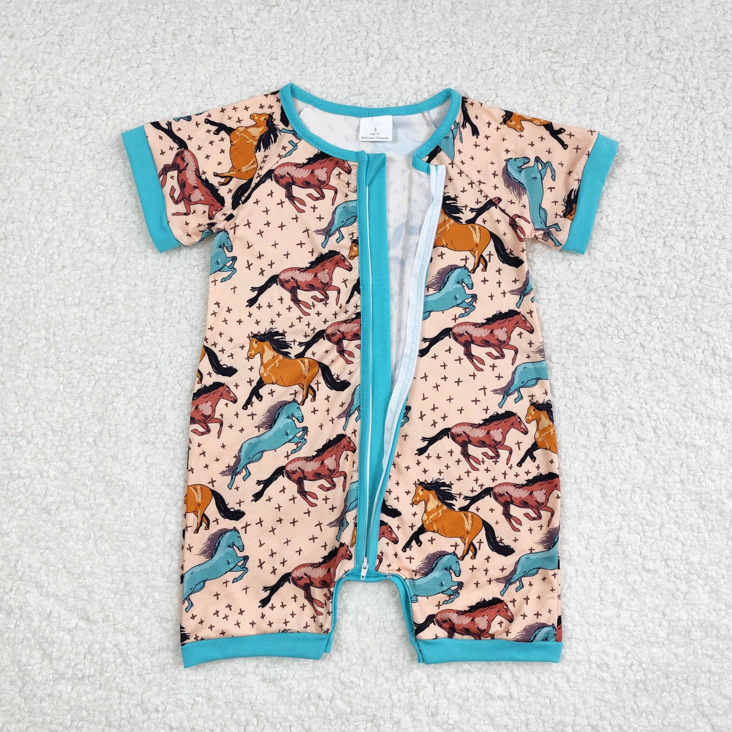 Baby Boy Short Sleeves Western Horse Zipper Romper