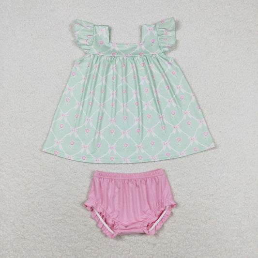 Baby Girl Short Sleeves Flower Tops Pink Bummie Shorts Summer Set