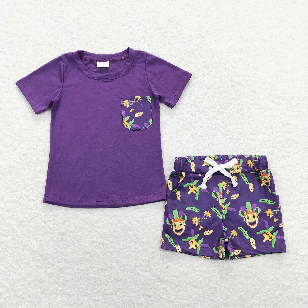 BSSO0467 Mardi Gras Baby Boy Purpel Short Sleeves Shirt Pocket Shorts Outfit