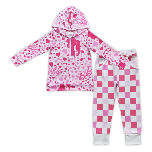 Baby Girl Pink Doll Long Sleeves Hoodie Shirt Checkered Pocket Pants Outfit