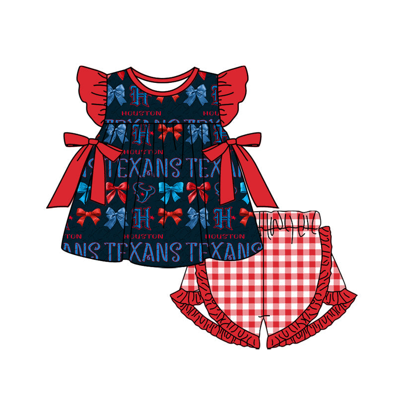 Baby Girl Short Sleeves Team Bows Tops Ruffle Plaid Shorts Clothes Set Moq 5