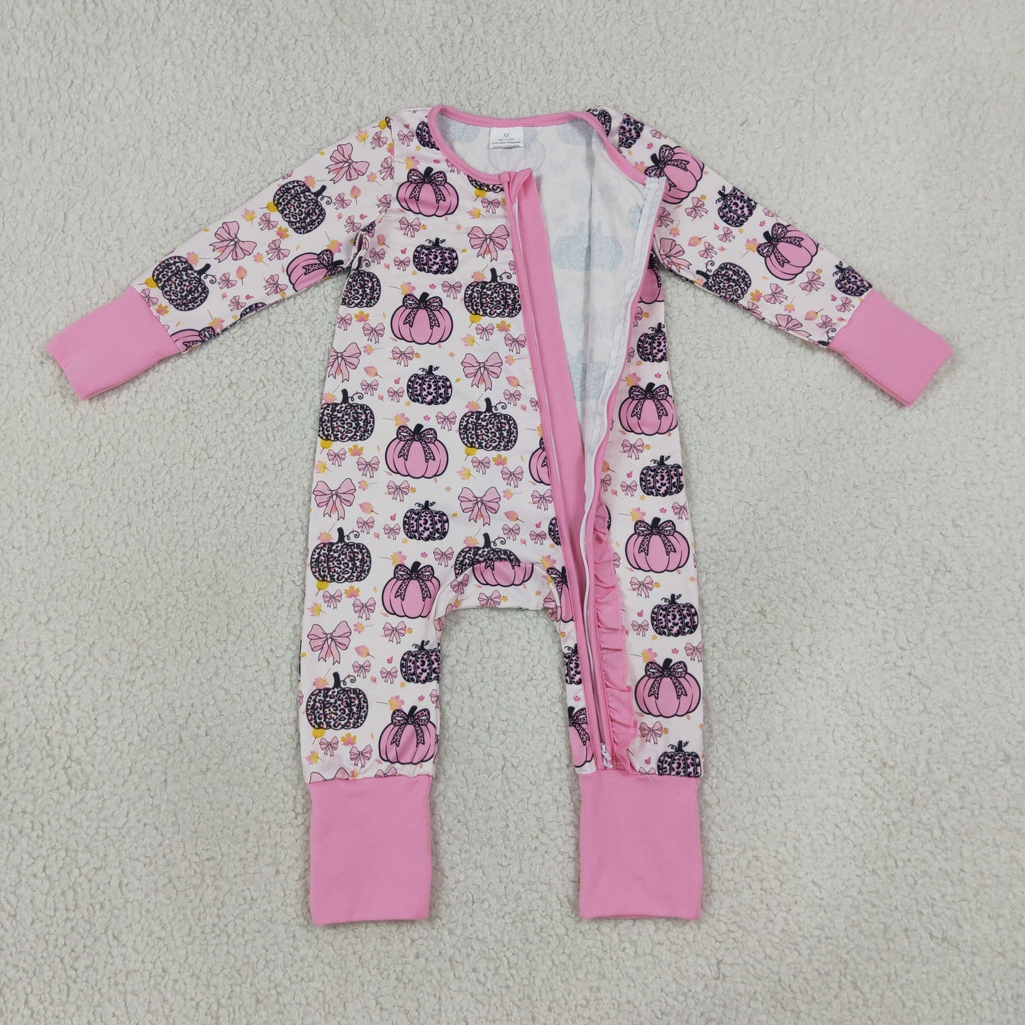 Baby Girls Infant Long Sleeves Pumpkins Bows Pink Ruffle Zipper Romper Fall Clothes RTS