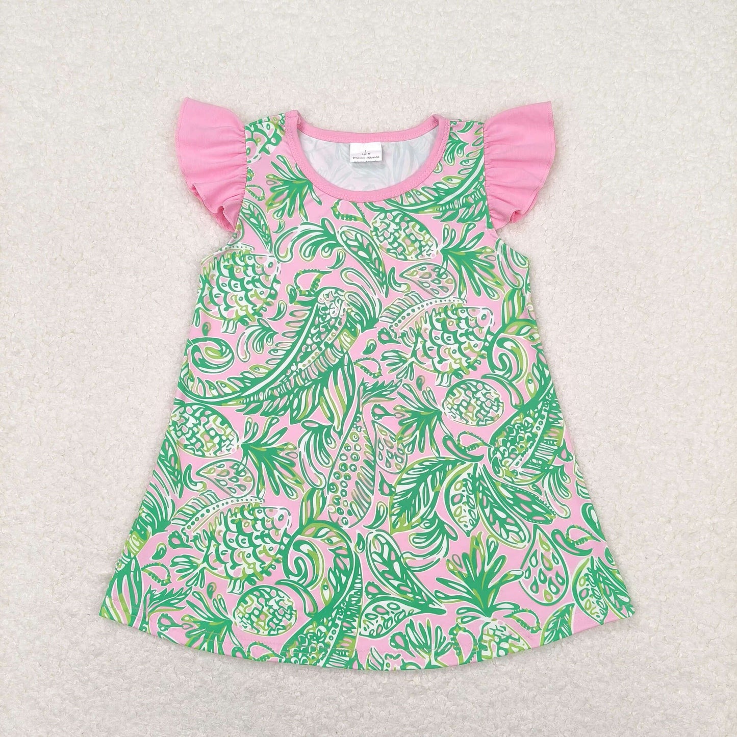 Baby Girl Short Sleeves Green Fish Pink Tops