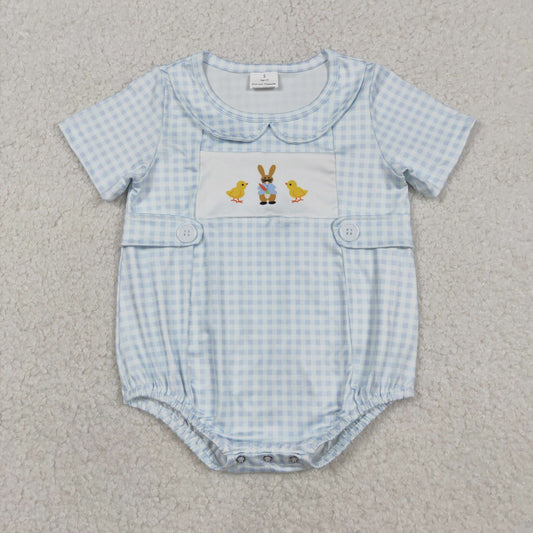 Baby Boys Infant Chicks Rabbit Blue Plaid Easter Romper RTS