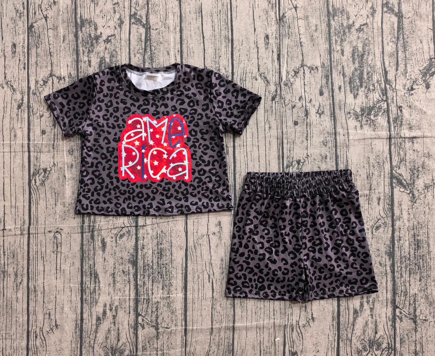 Baby Girls Kids Short Sleeves Black Leopard Tops Shorts 4th Of July Set Clothes RTS