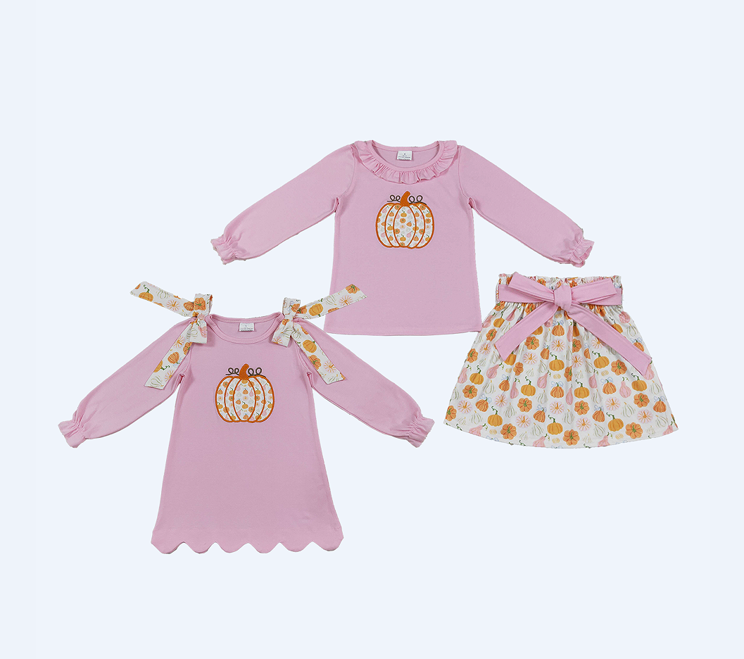 Sibling Baby Girls Kids Embroidery Pumpkins Bows Set Scallop Dress Fall Clothes RTS