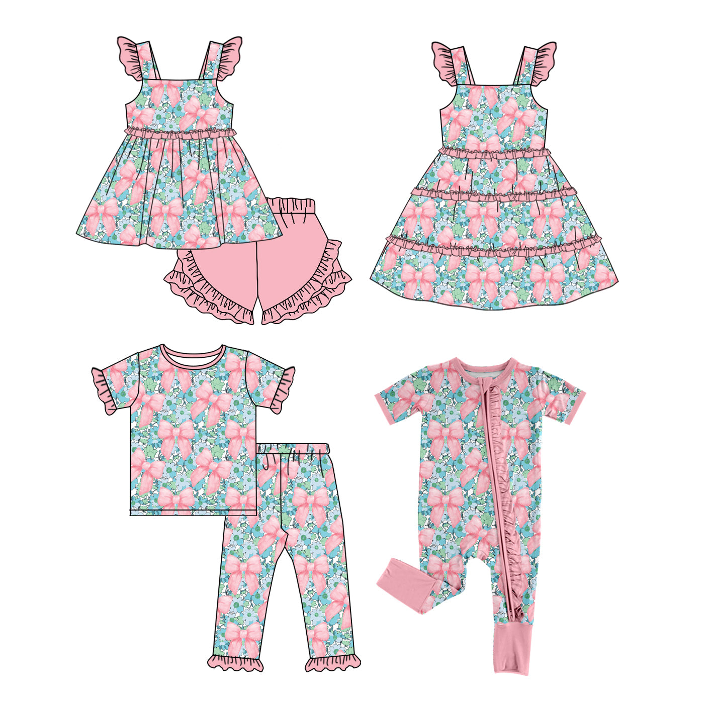 Baby Girl Flower Bows Sibling Matching Dress Romper Pink Clothes Set ( Moq 5 Each style )