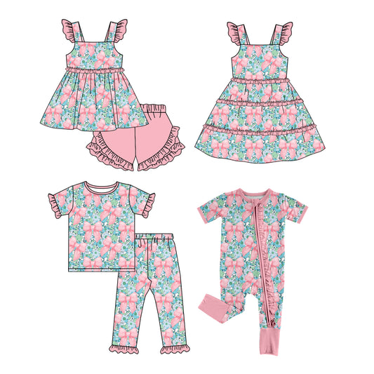 Baby Girl Flower Bows Sibling Matching Dress Romper Pink Clothes Set ( Moq 5 Each style )