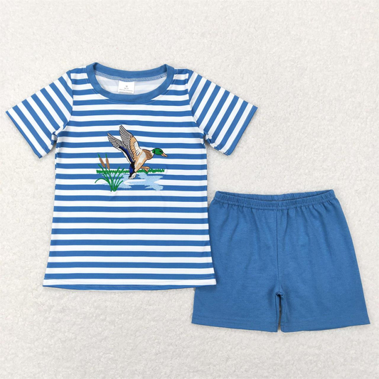 BSSO0308 Baby Boy Short Sleeves Embroidery Duck Stripes Shirt Cotton Shorts Set