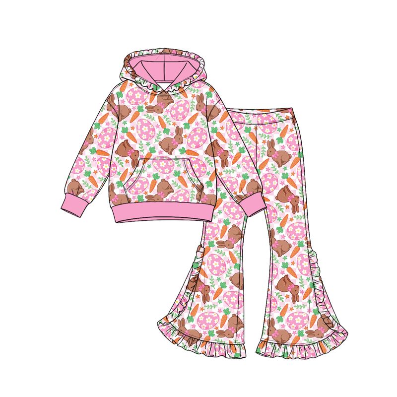 ( Moq 5 ) Preorder Baby Girls Kids Carrots Eggs Rabbits Pocket Pullover Ruffle Pants Set Easter Clothes