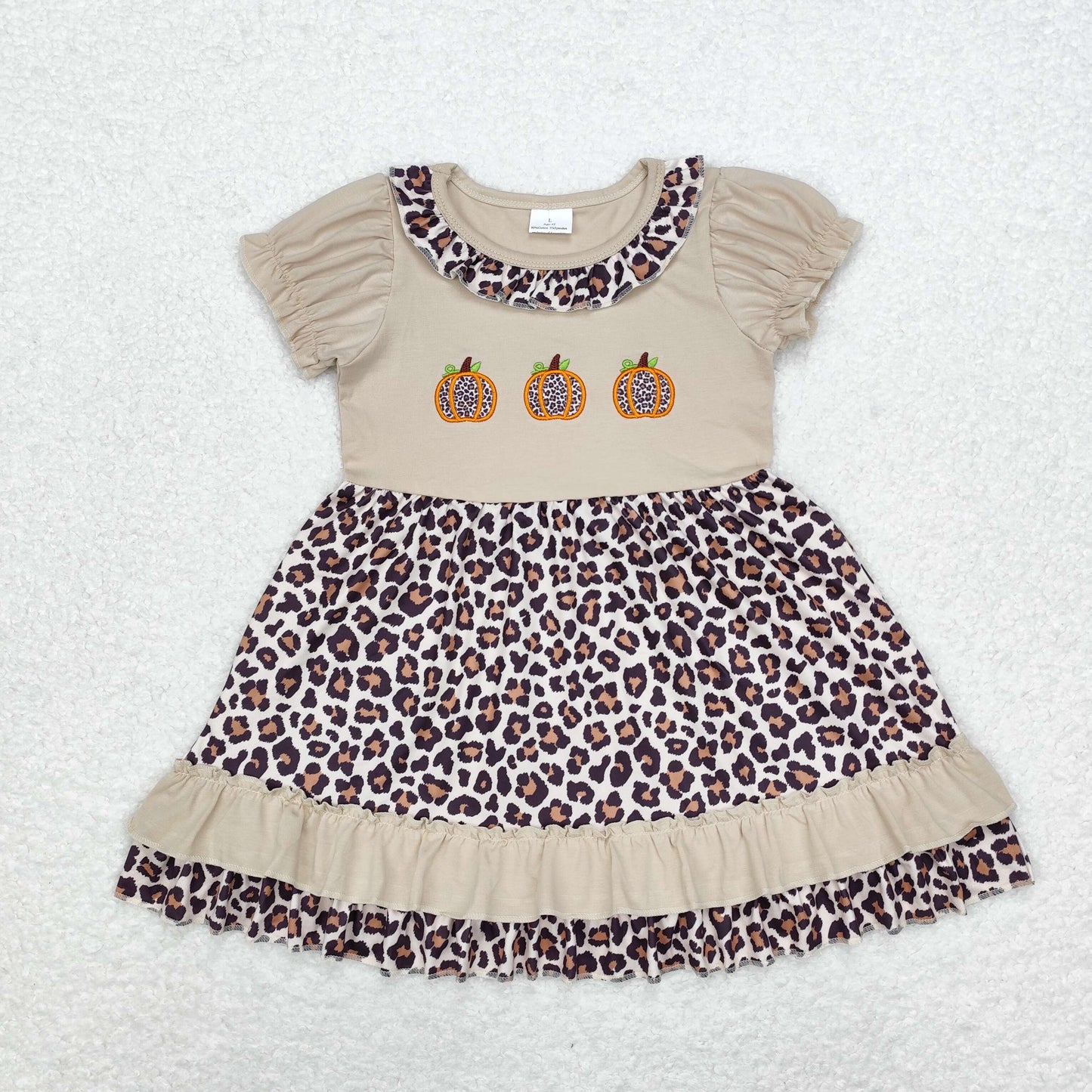 Baby Girl Short Sleeves Leopard Embroidery Pumpkin Ruffle Dress