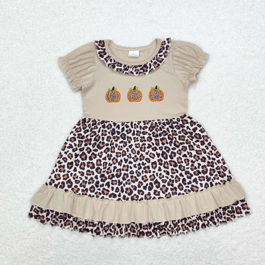 Baby Girl Short Sleeves Leopard Embroidery Pumpkin Ruffle Dress