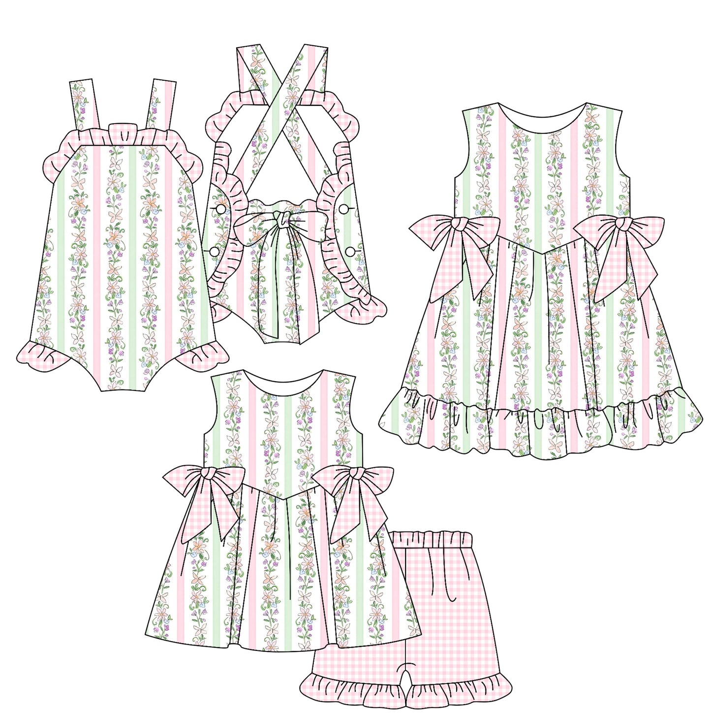( Moq 5 Each Style ) Sibling Baby Girls Kids Floral Stripes Bows Romper Dress Set Summer Clothes