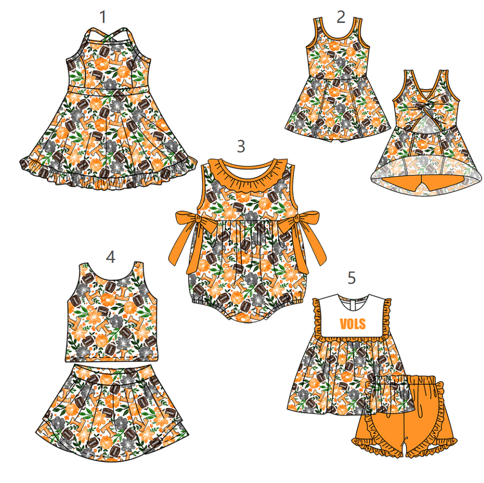 ( Moq 5 Each Style ) Baby Girls Kids Sleeveless Football Orange Flower Sibling Romper Dresses Sets
