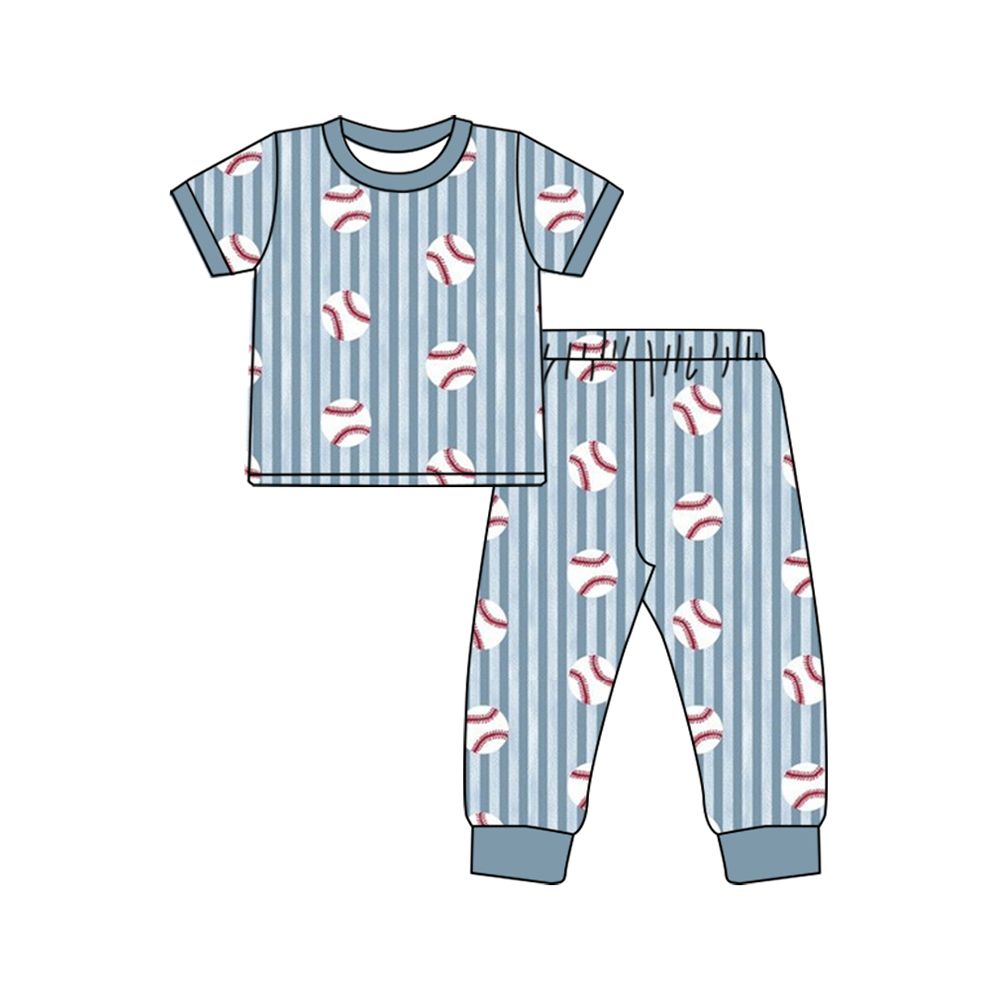 ( Moq 5 ) Preorder Baby Boys Kids Short Sleeves Baseball Blue Stripes Shirt Pants Set Pajamas Clothes