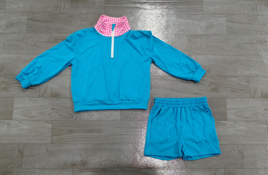( No moq ) Preorder Baby Girls Kids Blue Long Sleeves Zipper Pullover Pockets Shorts Set Cotton Clothes