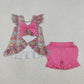 Baby Girls Kids Short Sleeves Flower Tunic Pink Ruffle Shorts Summer Set RTS