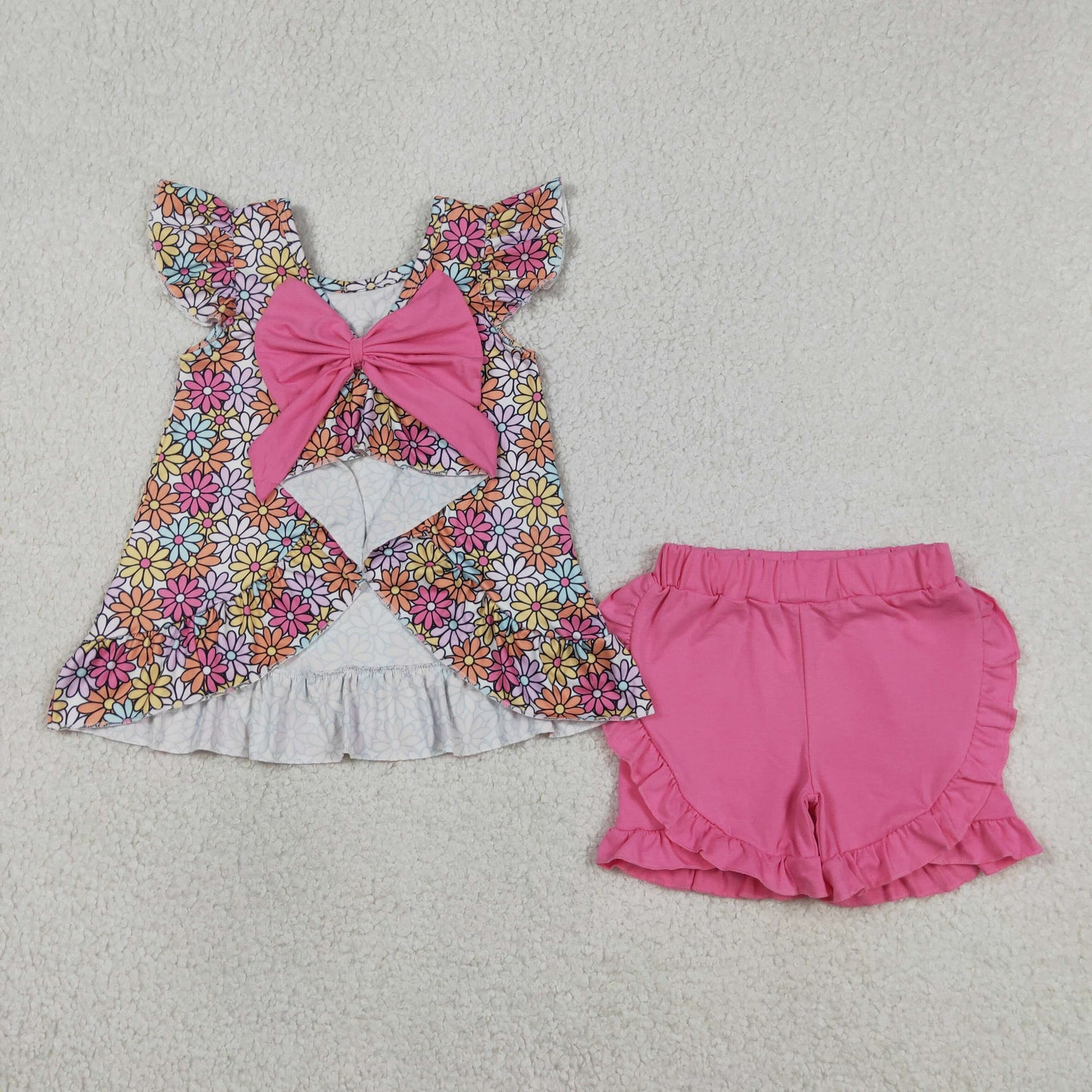 Baby Girls Kids Short Sleeves Flower Tunic Pink Ruffle Shorts Summer Set RTS