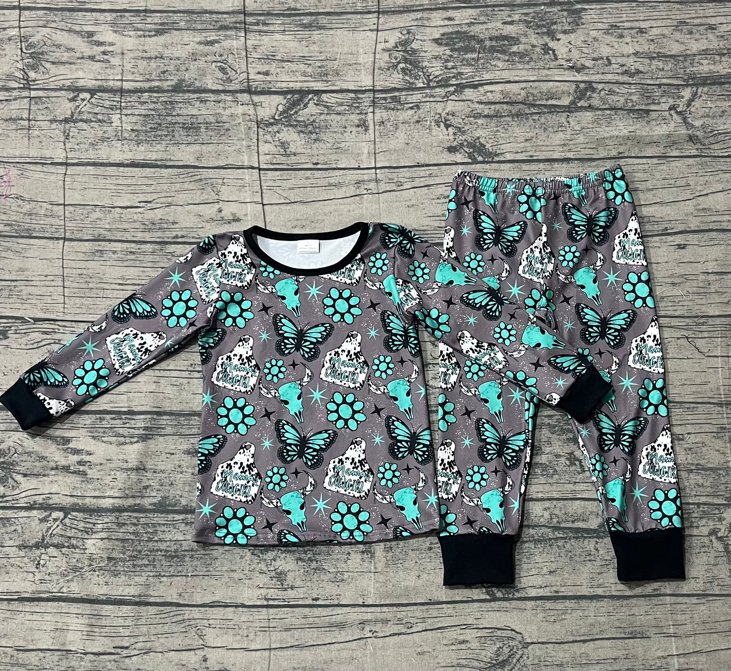 Baby Girls Kids Long Sleeves Western Cow Print Turquoises Shirt Pants Pajamas Set RTS