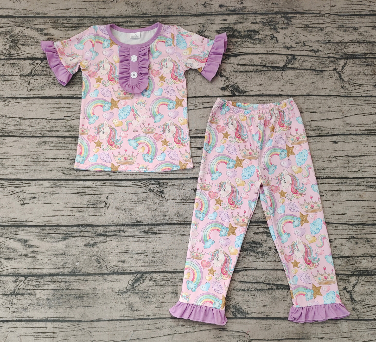 No moq Pre-order GSPO0949 Baby Girl Unicorn Rainbow Hearts Shirt Pants Pajamas Set