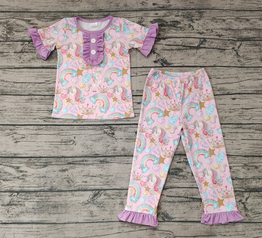 No moq Pre-order GSPO0949 Baby Girl Unicorn Rainbow Hearts Shirt Pants Pajamas Set