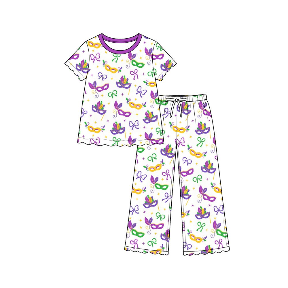 ( Moq 5 ) Preorder Baby Girls Kids Masks Bows Shirt Scallop Pants Mardi Gras Set Clothes