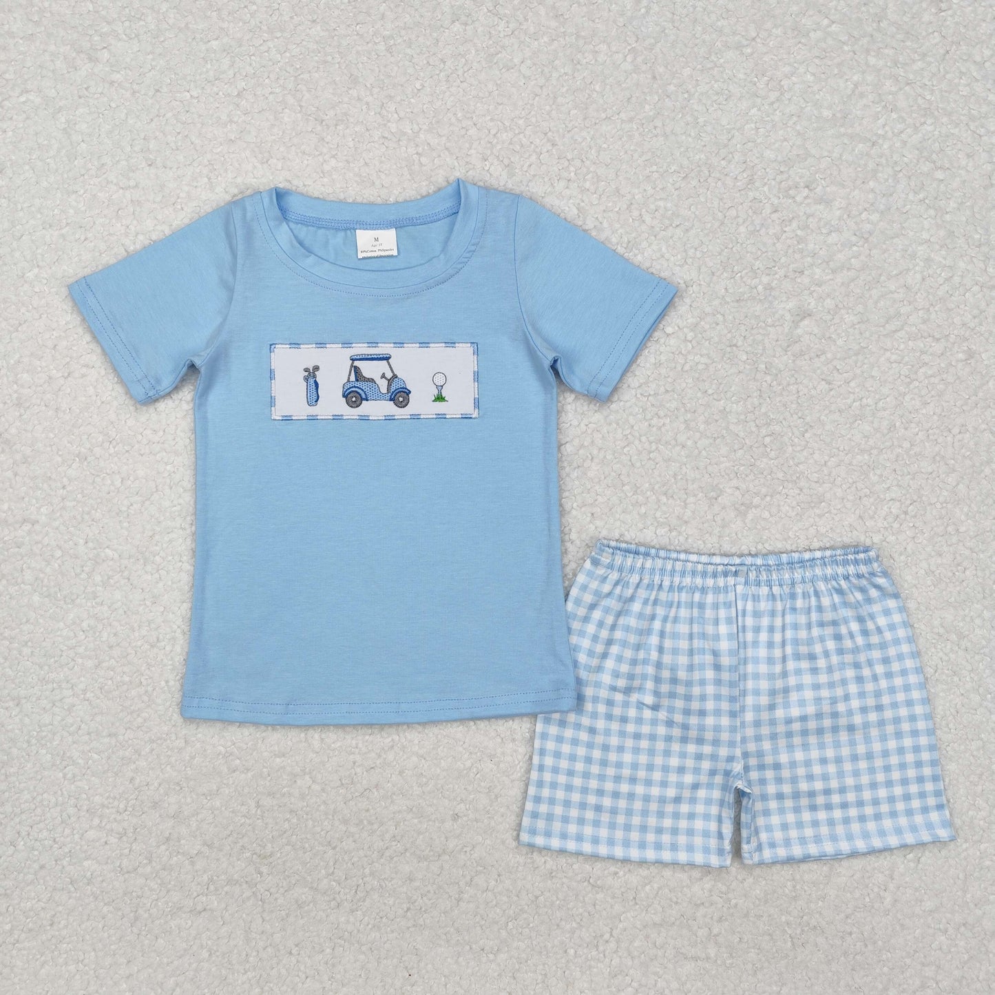 Baby Boy Short Sleeves Embroidery Golf Shirt Plaid Shorts Clothes Blue Set