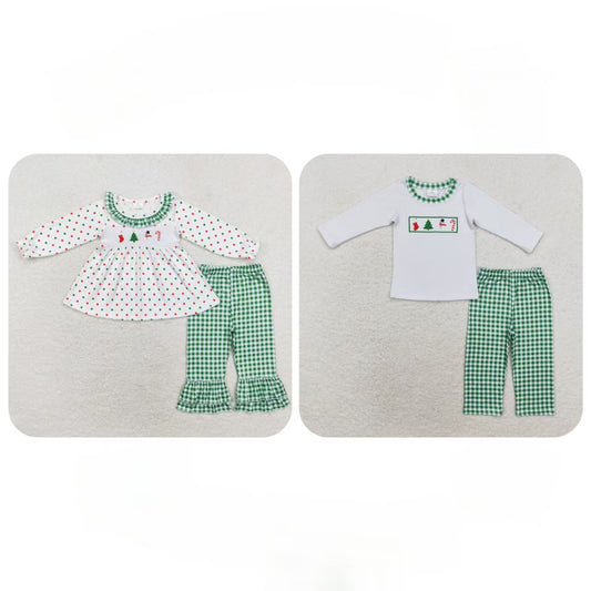 Baby Boy Girl Long Sleeves Christmas Santa Tree Dots Embroidery Tops Green Plaid Pants Set Sibling Clothes RTS