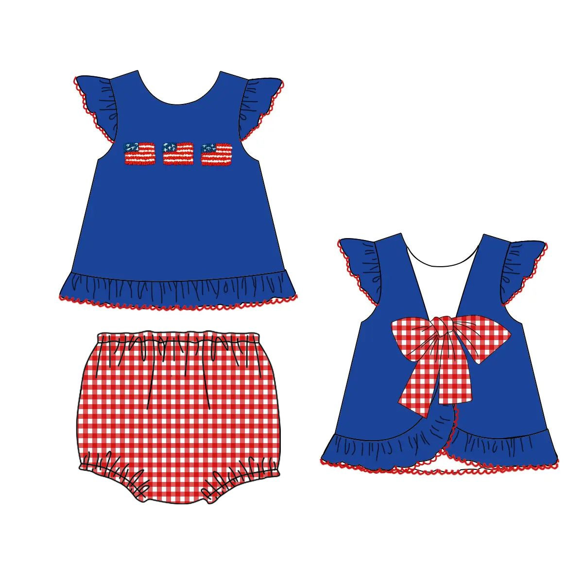 Moq 3 Pre-order GBO0311 July 4th Baby Girl Flag Tops Plaid Bummie Shorts Summer Set