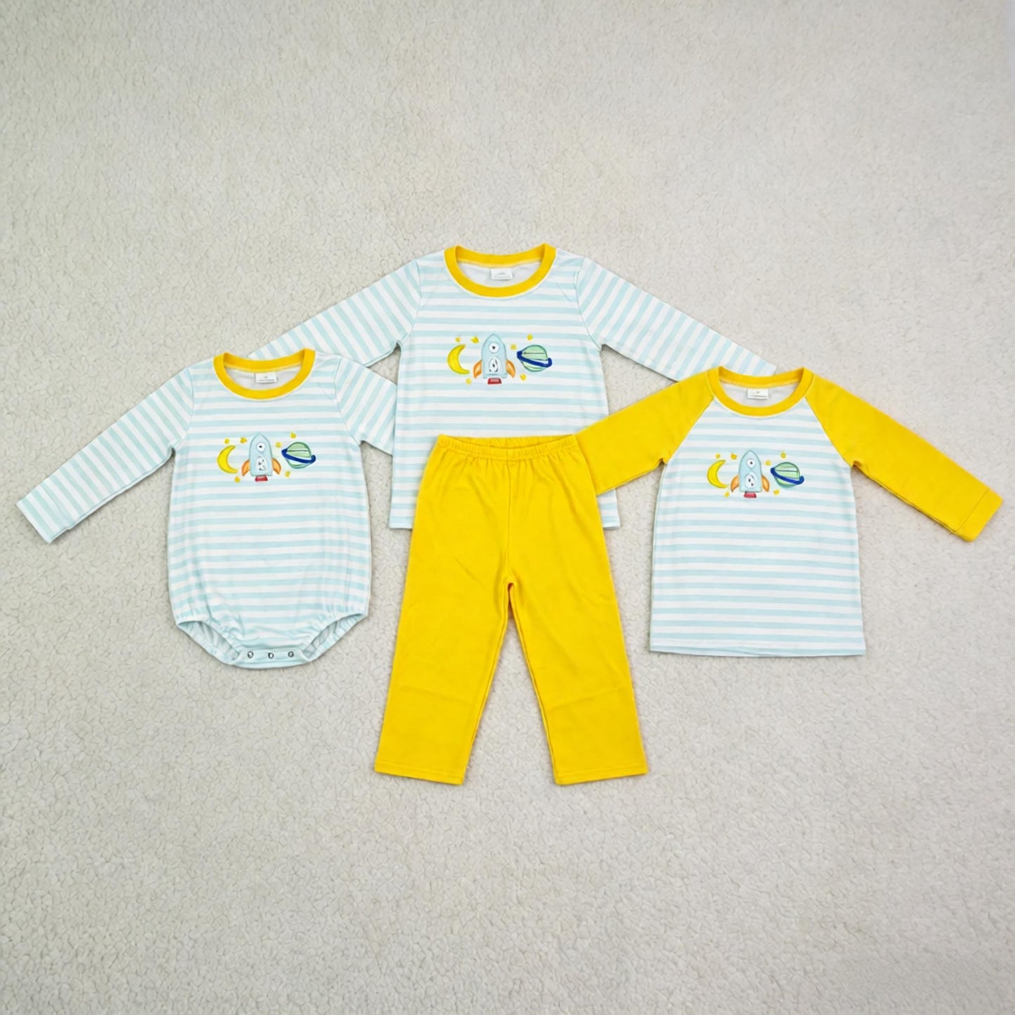 Sibling Baby Boys Kids Embroidery Space Rocket Stripes Romper Shirt Set Clothes RTS