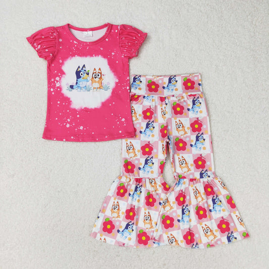 Baby Girl Pink Short Sleeves Shirt Dogs Flower Bell Pants Set