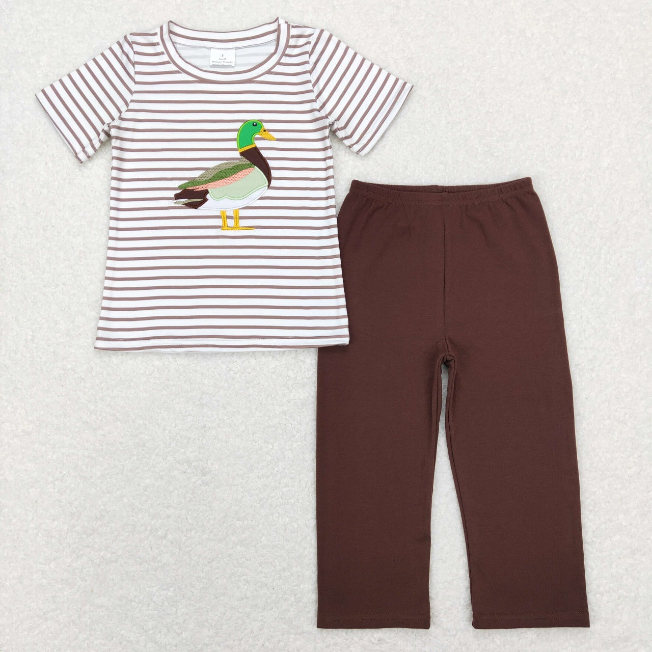 GSPO1020 Baby Girl Short Sleeves Embroidery Duck Stripes Tops Cotton Pants Set