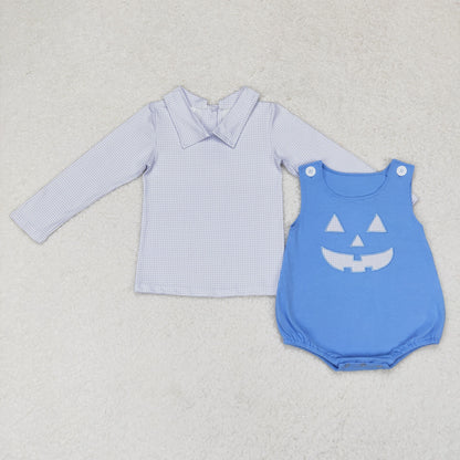 Baby Boy Halloween Shirt Embroidery Ghost Face Blue Romper Set