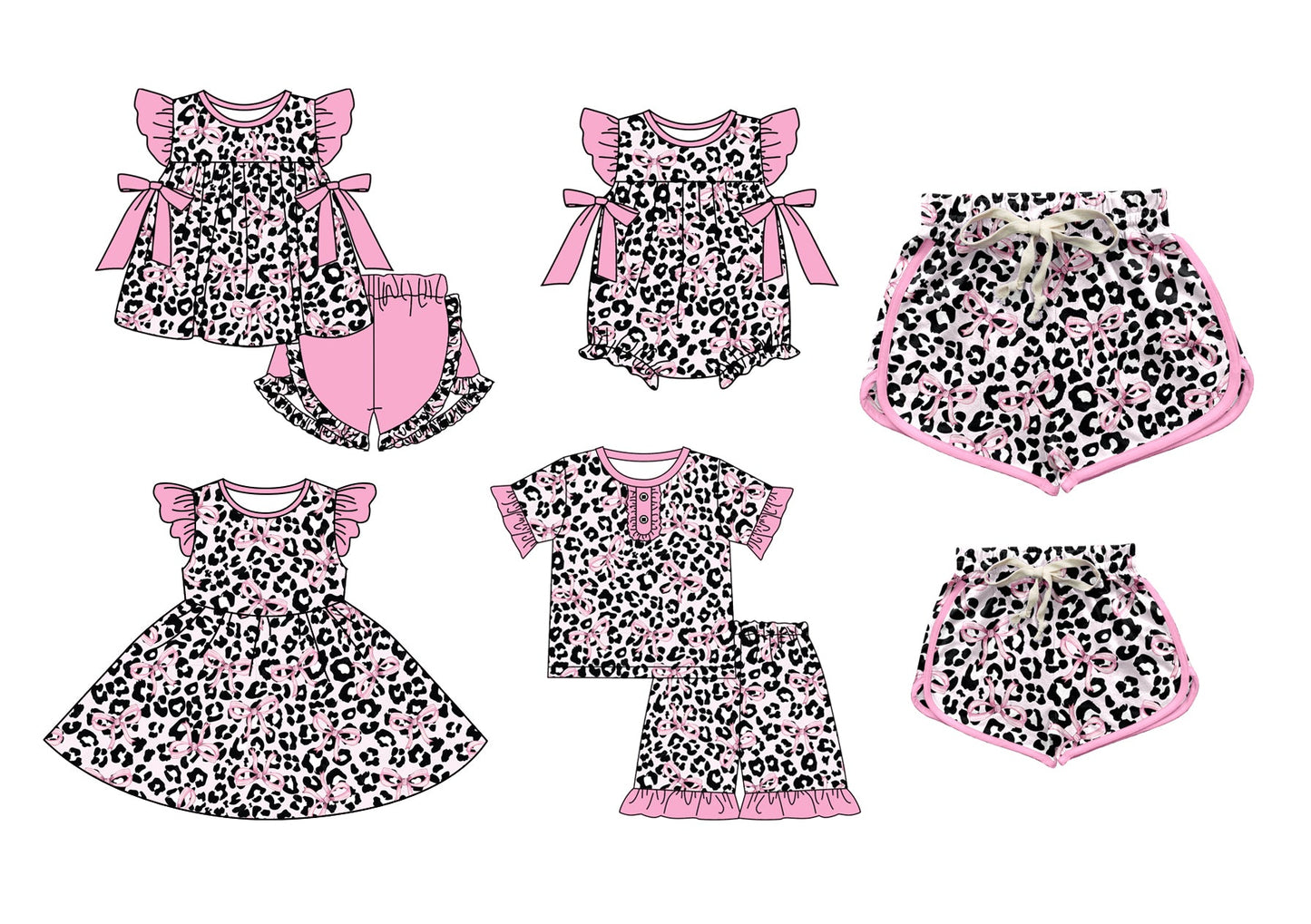 Baby Girl Adult Women Leopard Pink Bows Sibling Matching Romper Dress Shorts Clothes Set Each Style