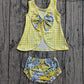 ( No moq ) Preorder Baby Girls Toddler Sleeveless Plaid Tops Yellow Blue Flower Bummie Shorts Set