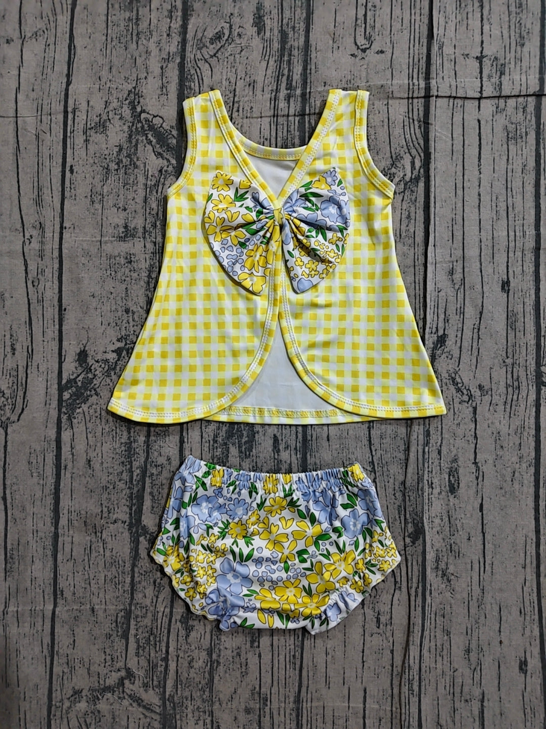 ( No moq ) Preorder Baby Girls Toddler Sleeveless Plaid Tops Yellow Blue Flower Bummie Shorts Set