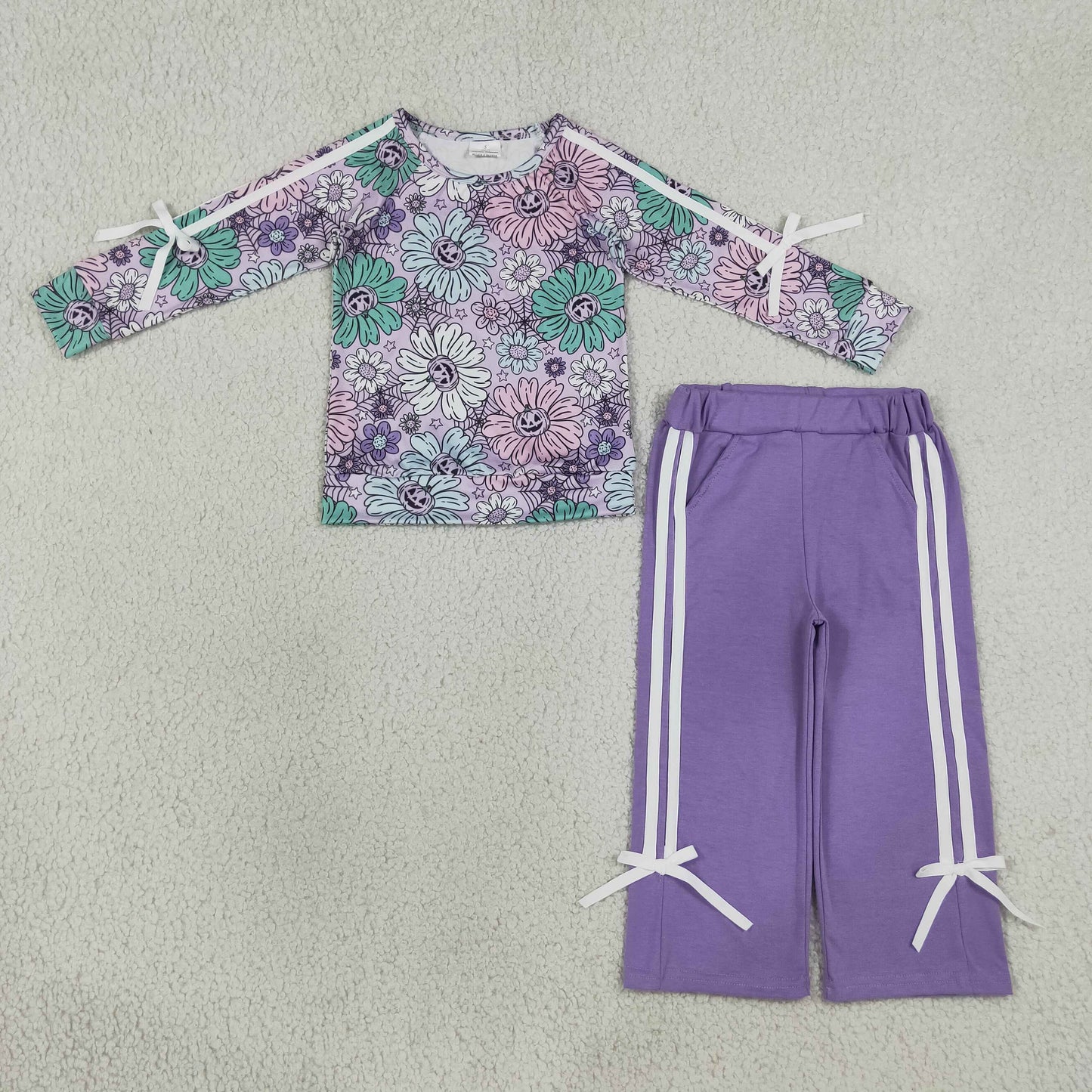 Baby Girls Kids Halloween Pumpkins Flower Bows Shirt Pockets Purple Pants Set RTS