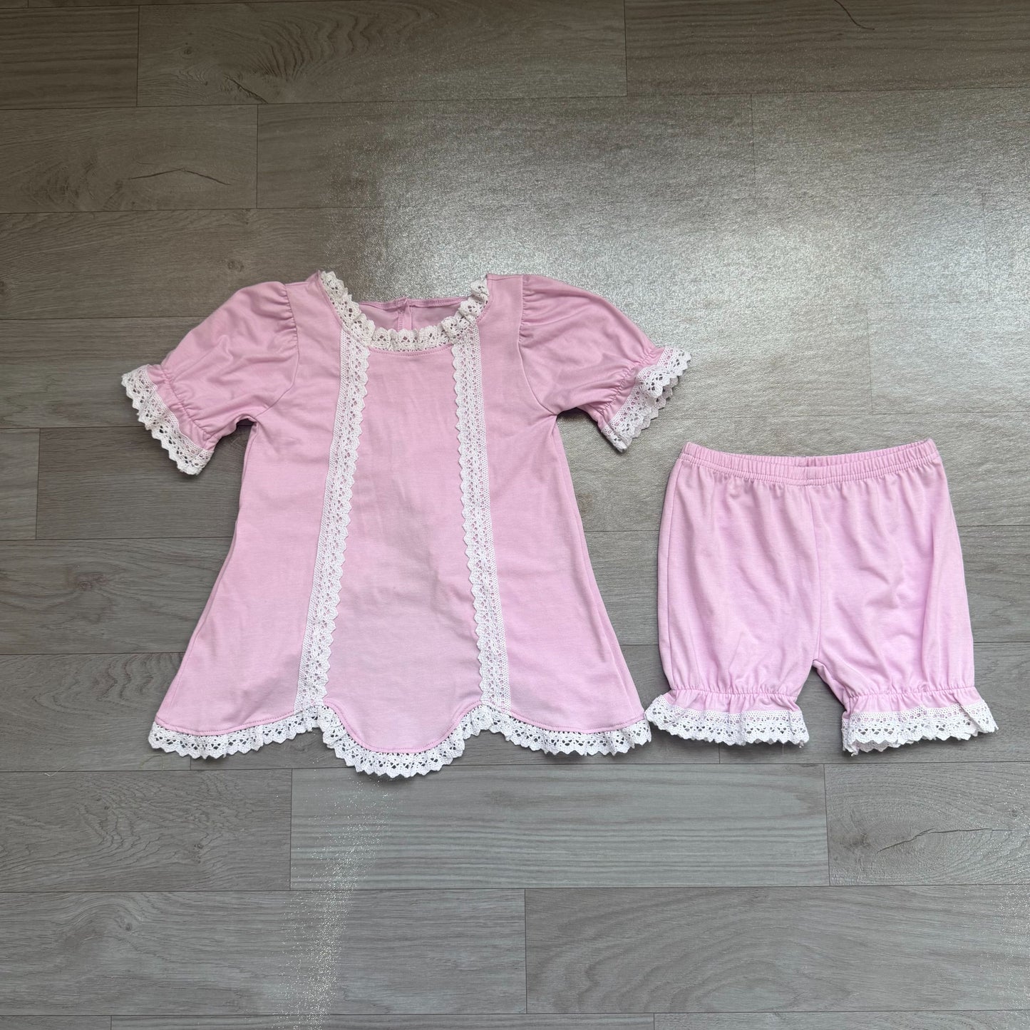 ( No moq ) Preorder Baby Girls Kids Short Sleeves Scallop Tunic Lace Shorts Set Summer Clothes