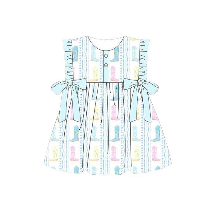 ( Moq 5 ) Preorder Baby Girls Kids Western Boots Bows Ruffle Knee Length Dress