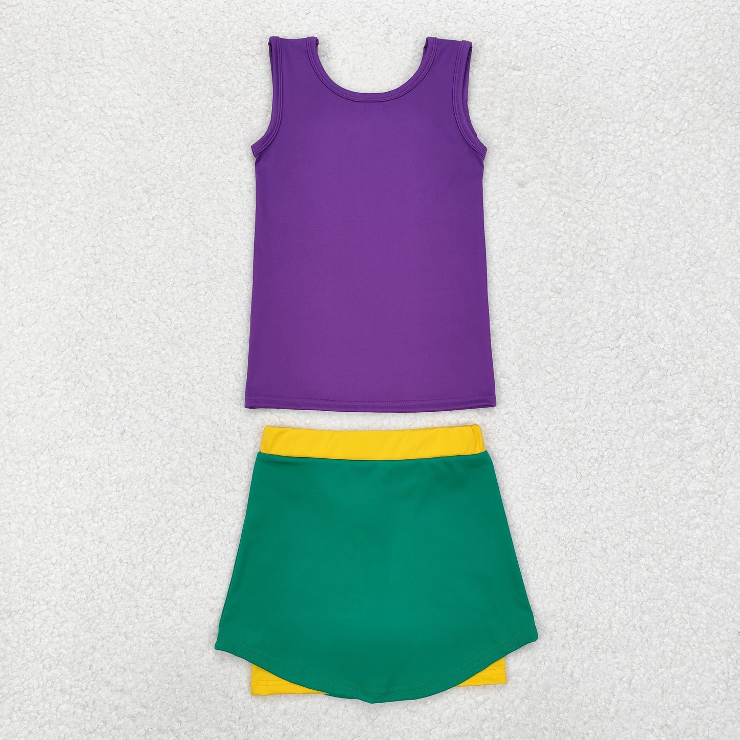 Baby Girl Purple Shirt Tops Green Yellow Skirt Mardi Gras Athletic Yoga Set