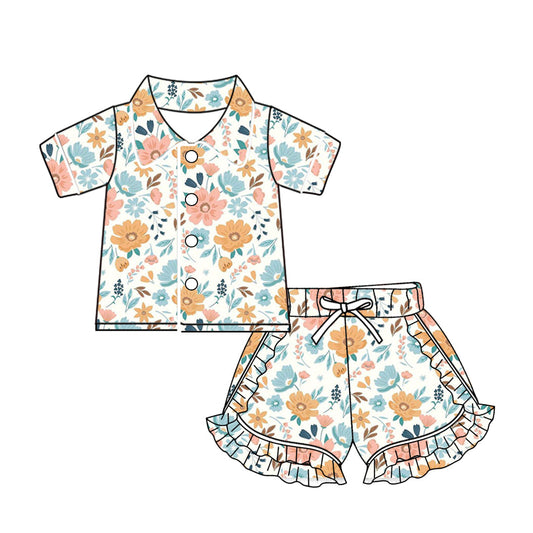 Baby Girl Short Sleeves Buttons Flower Shirt Ruffle Shorts Pajamas Set Moq 5