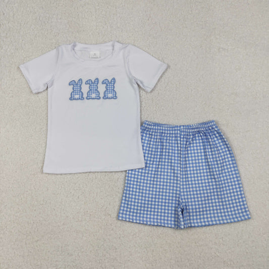 Baby Boy Short Sleeves Easter Embroidery Rabbit Shirt Checkered Shorts Clothes Set RTS