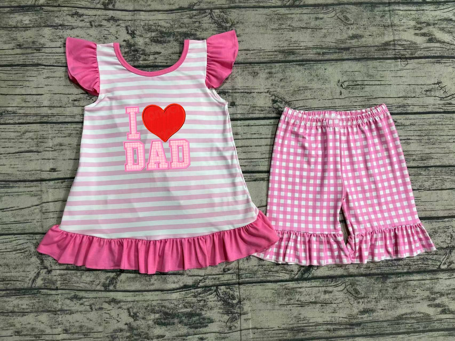 No moq Pre-order Baby Girl I Love Dad Embroidery Tunic Pink Plaid Ruffle Shorts Summer Set