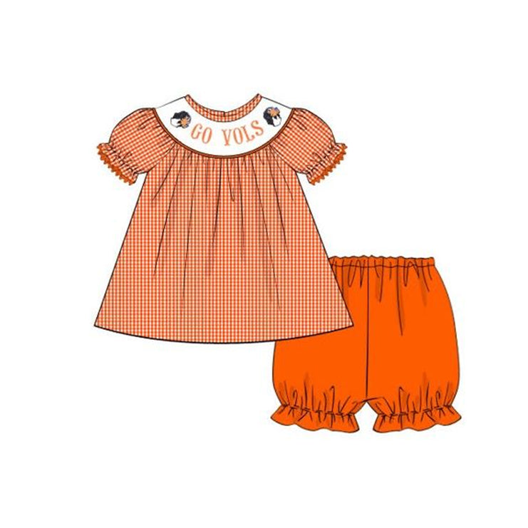 Baby Girl Team Checkered Tops Cotton Orange Shorts Dog Set