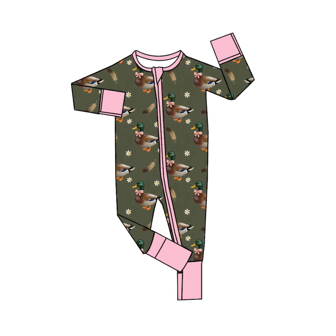 ( Moq 5 ) Preorder Baby Girls Infant Long Sleeves Ducks Bows Flower Zipper Footie Sleeper Romper Clothes